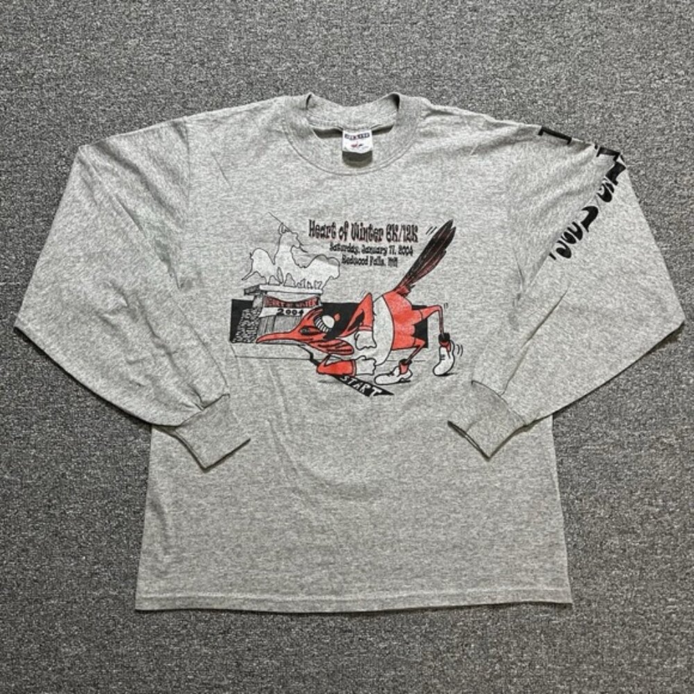 Y2K Jerzees Heart of Winter 2004 6K 12K Long Sleeve Graphic T Shirt Men's M Grey